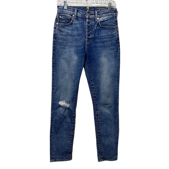7 for All Mankind Josefina High Waist Dark Wash Distress Straight Jeans Size 26 - Picture 1 of 9